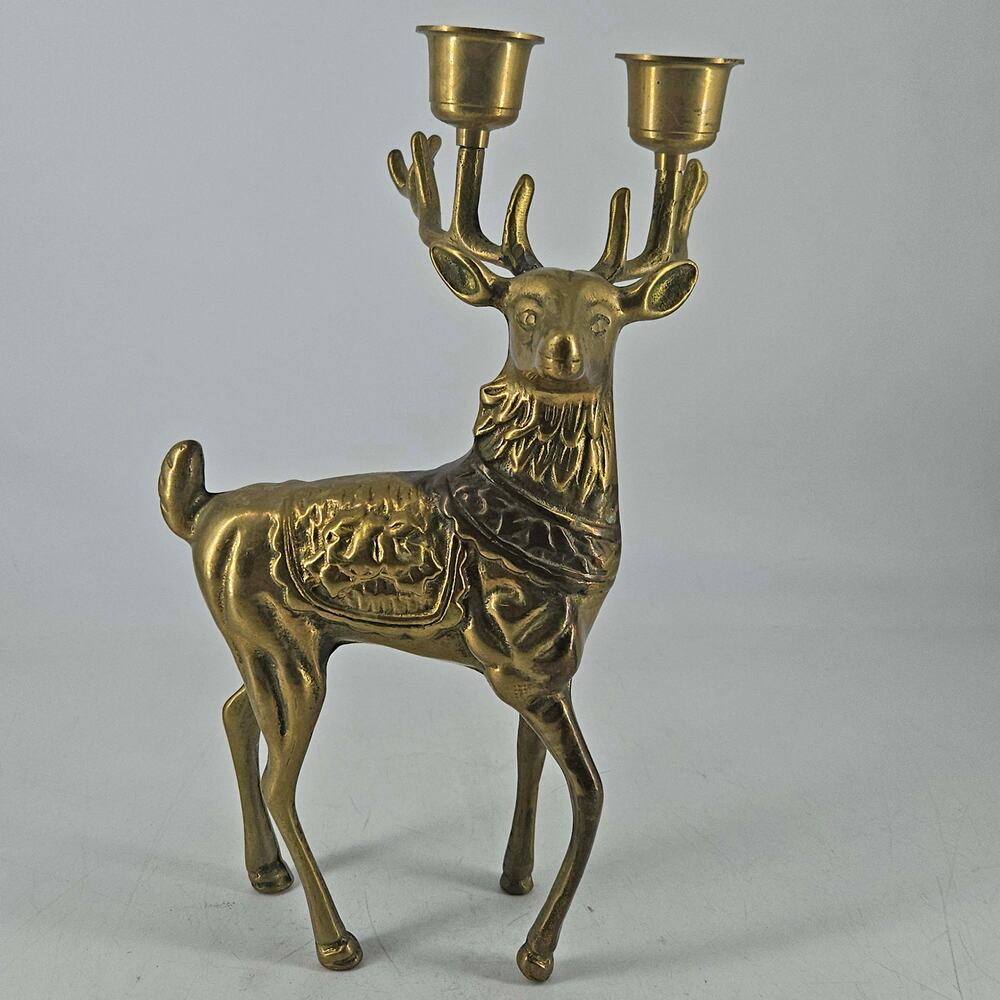 Vintage solid brass reindeer w textured saddle ornate double candle holder
